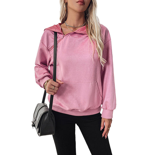 Damen Samt-Hoodie mit Reißverschluss am Kragen und Kängurutasche Shop Nory