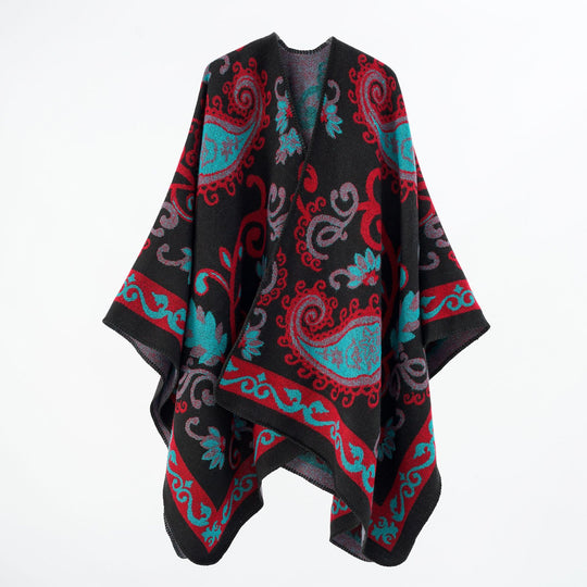 Damen Wollmix-Poncho-Umhang mit Paisley-Jacquard und Ziernaht Shop Nory