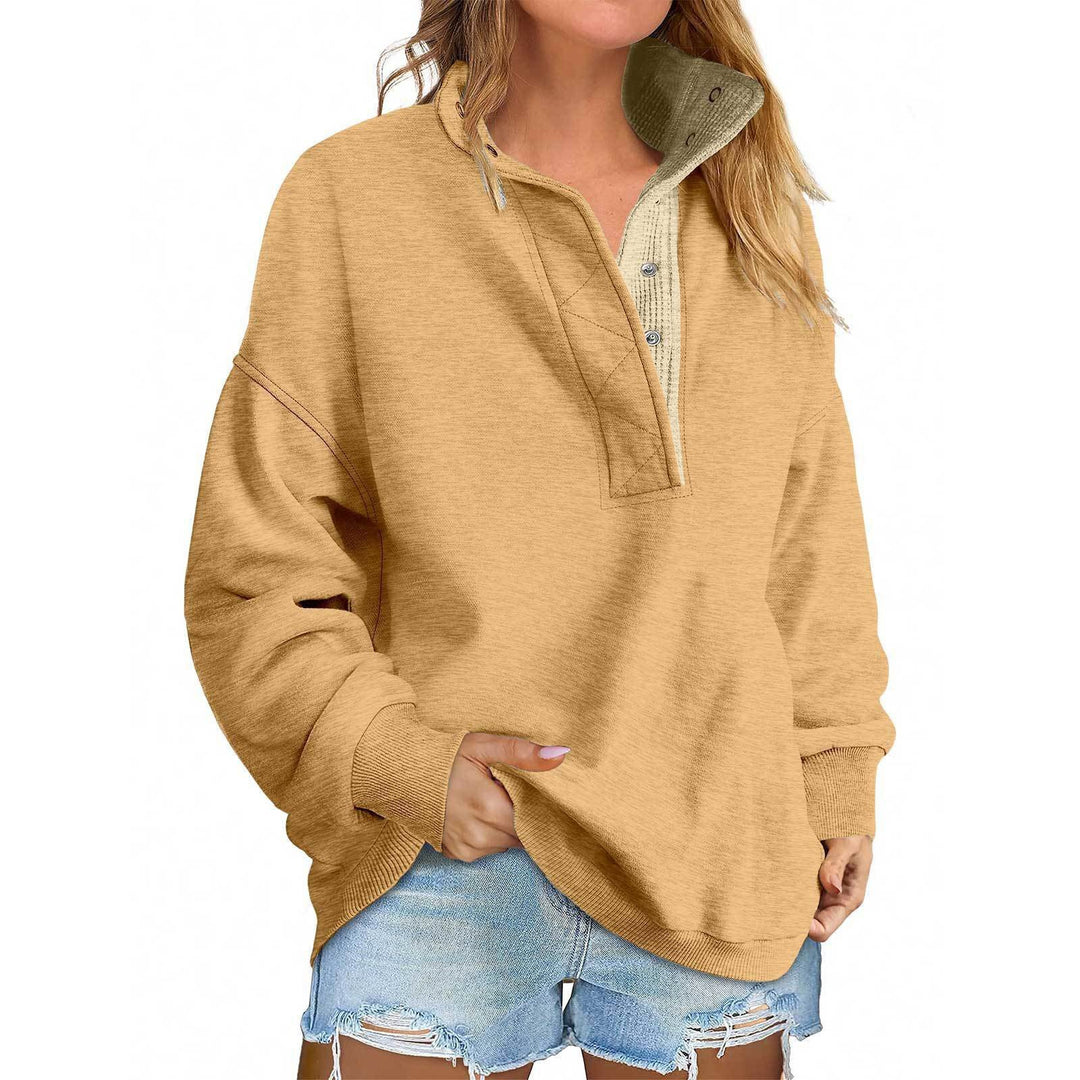 Damen Oversize-Henley-Sweatshirt mit Stehkragen und Druckknopfleiste Shop Nory