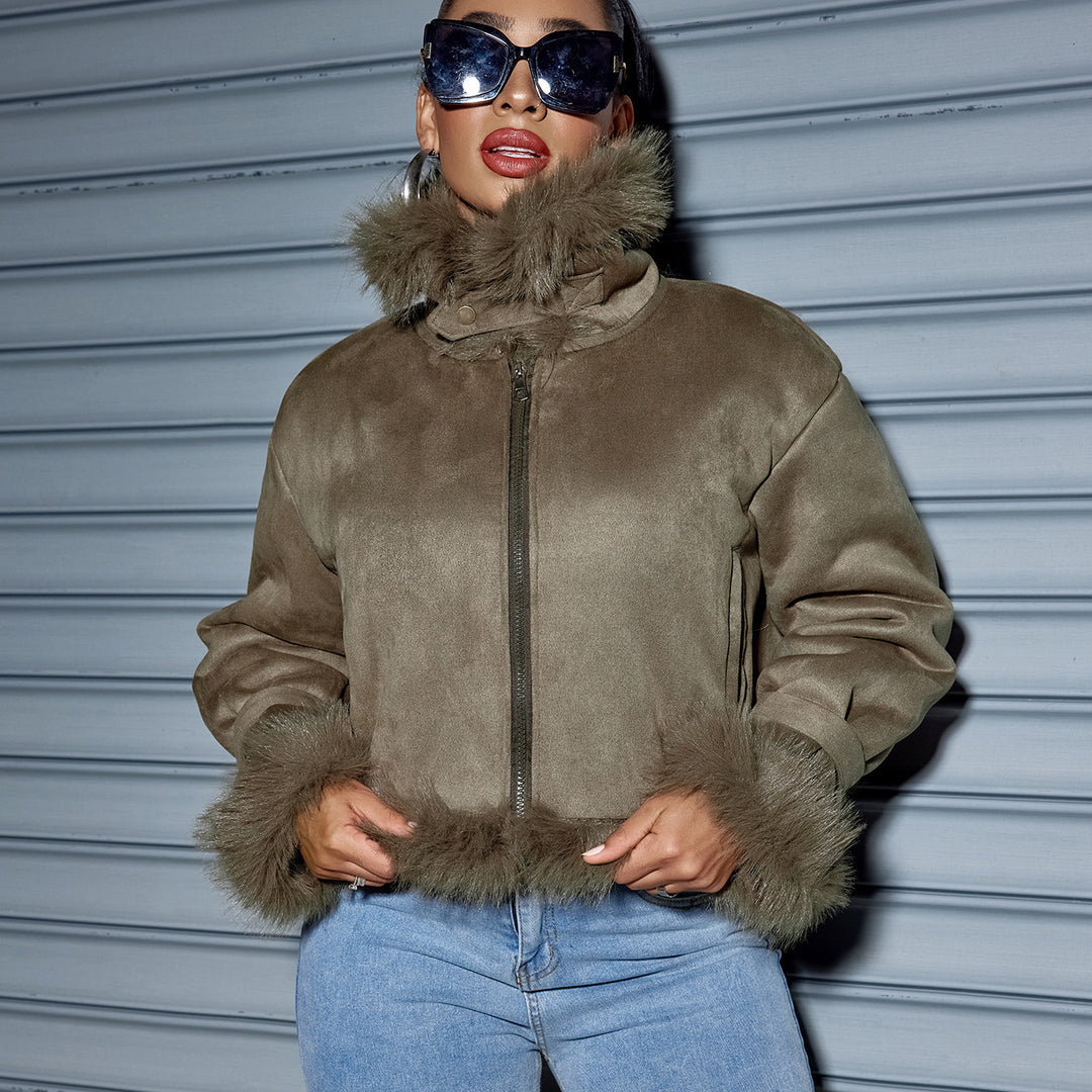 Damen Kurzjacke aus Wildlederoptik mit Fellbesatz, Kapuze & Reißverschluss Shop Nory