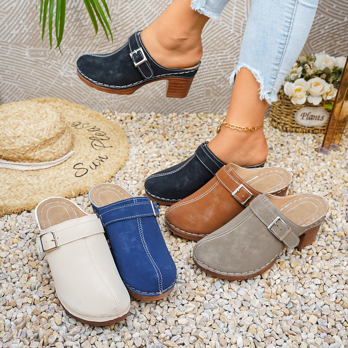 Damen Clogs mit elegantem Riemen und komfortablem Blockabsatz