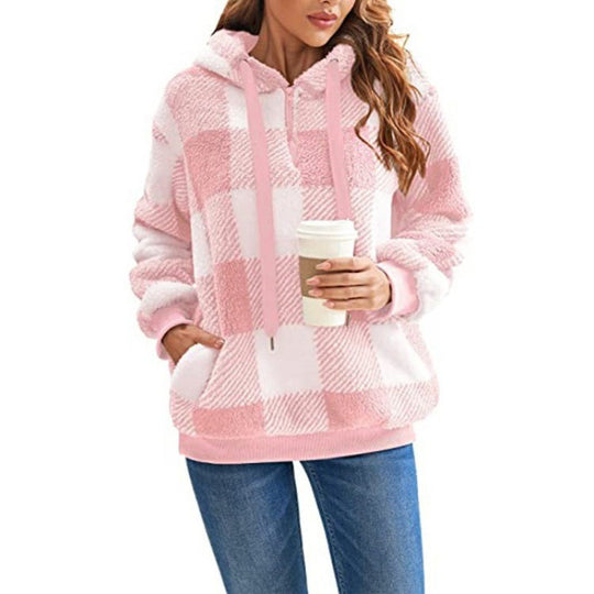 Damen Oversized Sherpa-Hoodie im Karomuster mit halbem Reißverschluss und Kängurutasche Shop Nory