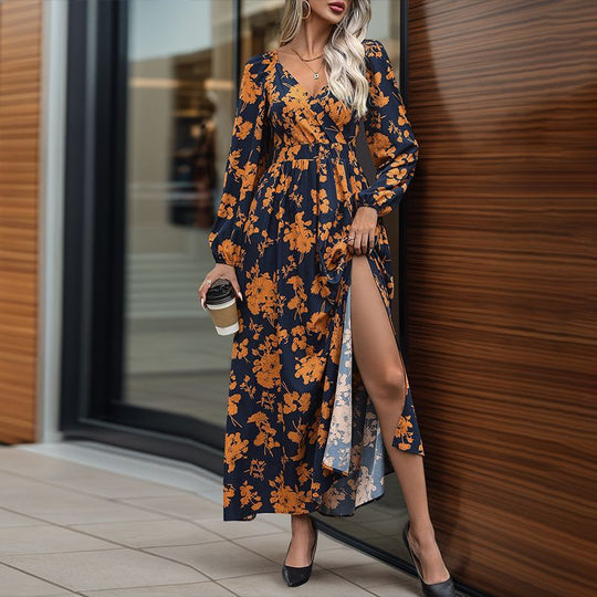 Damen Florales Maxikleid mit Wickel‑Dekolleté, Smock‑Taillenband und hohem Seitenschlitz Shop Nory