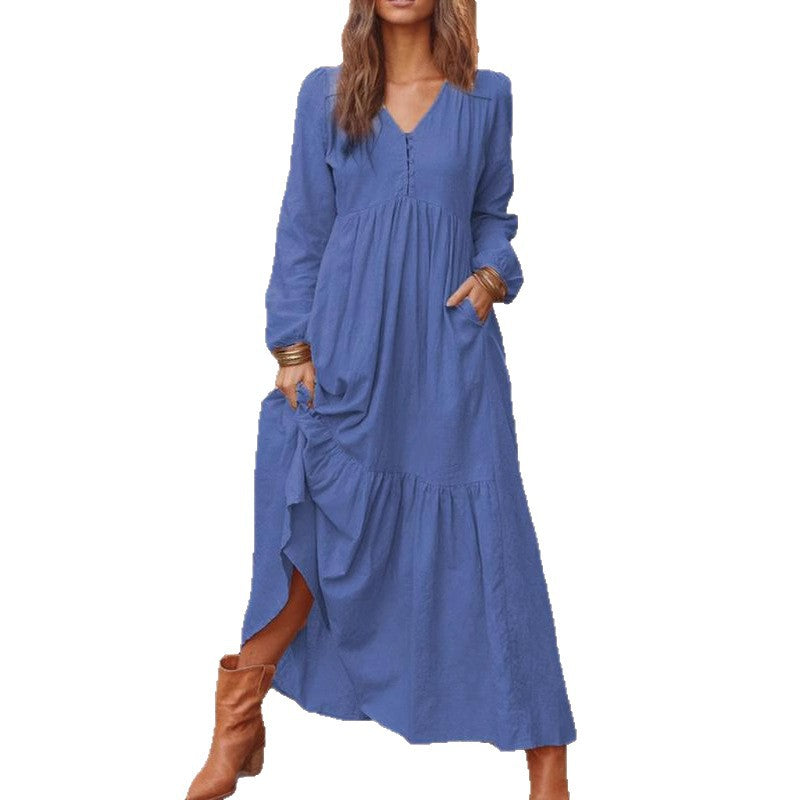 Damen Langes Stufenkleid aus Leinenmix mit V-Ausschnitt und Eingrifftaschen Shop Nory