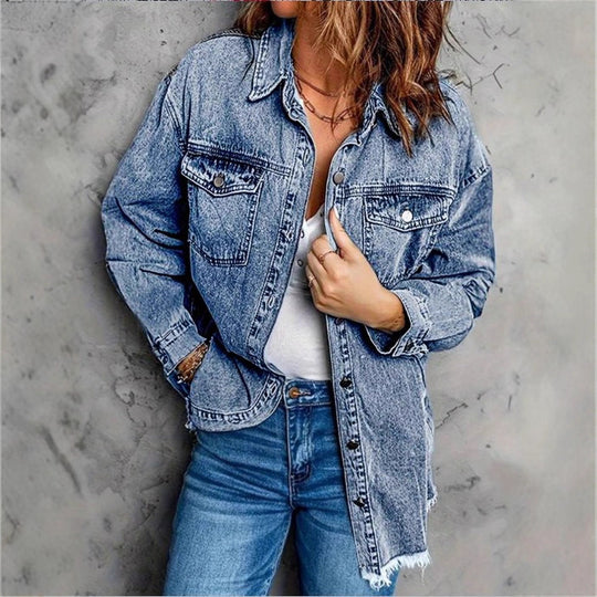 Damen Oversized Denim‑Hemdjacke mit Pattentaschen, Used‑Look und rohem Saum Shop Nory