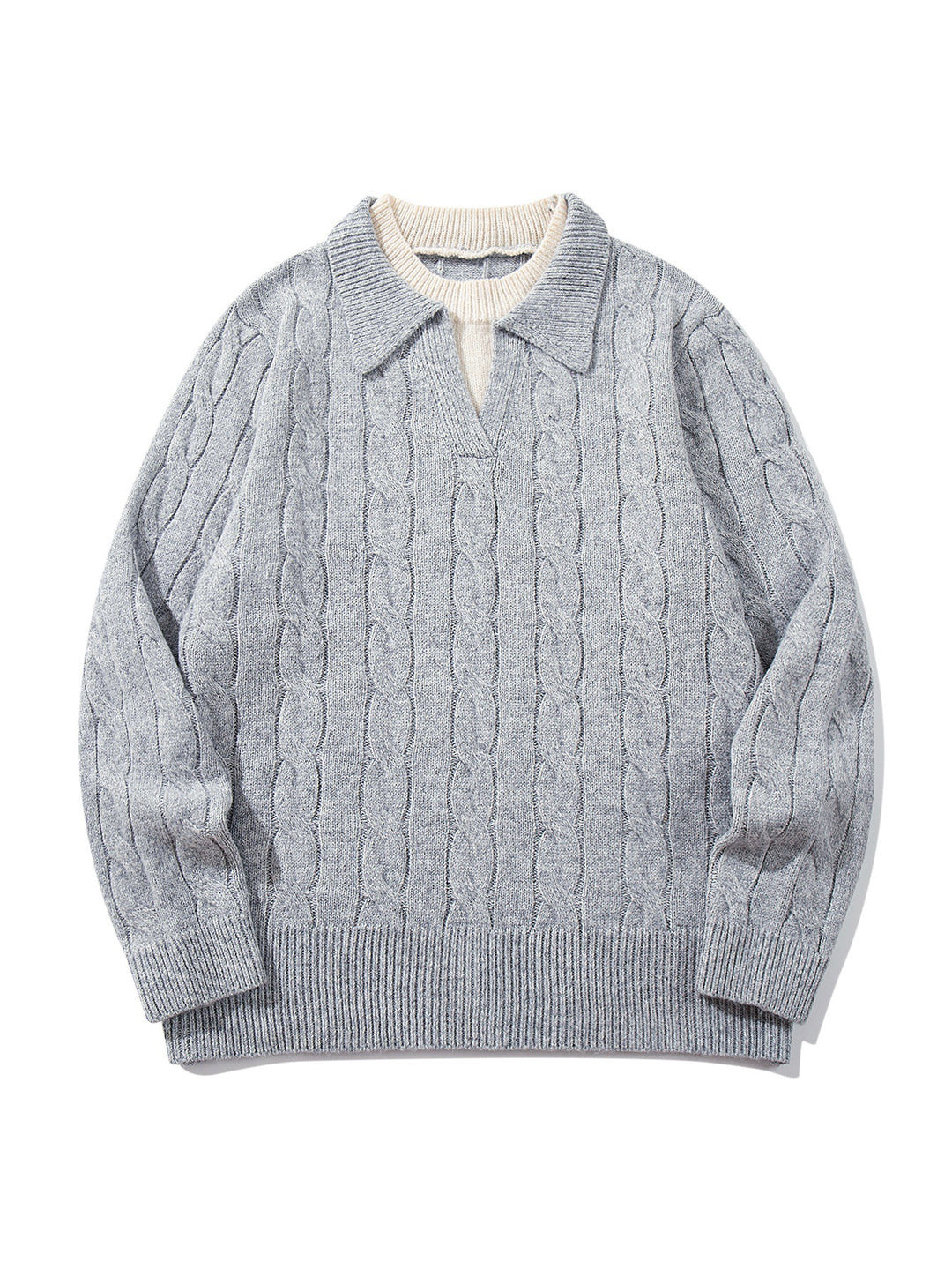 Unisex Strukturiertes Zopfstrick-Pullover mit Polokragen und tiefem V‑Ausschnitt Shop Nory