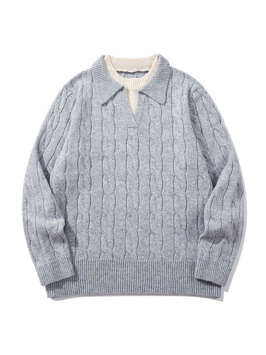 Unisex Strukturiertes Zopfstrick-Pullover mit Polokragen und tiefem V‑Ausschnitt Shop Nory