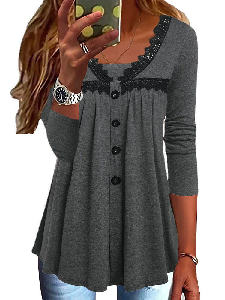 Damen A-Linien Tunika-Shirt mit Knopfleiste, Spitzen‑YokShop Noryesatz und geraffter Empire‑Naht Shop Nory