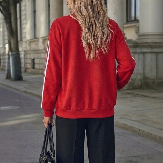 Damen Oversized Collegejacke mit Druckknopfleiste und kontrastierenden Streifenärmeln Shop Nory