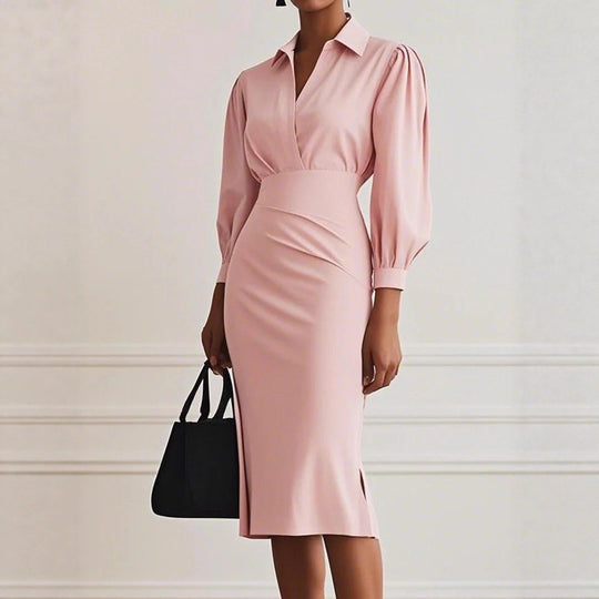 Damen Hemdblusen-Etuikleid mit V‑Wickel, Puffärmeln und taillierter Midilänge Shop Nory