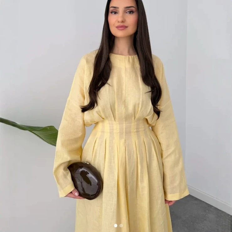 Damen Maxikleid mit plissierten Oberteilfalten, weitem Rock und langen Glockenärmeln Shop Nory