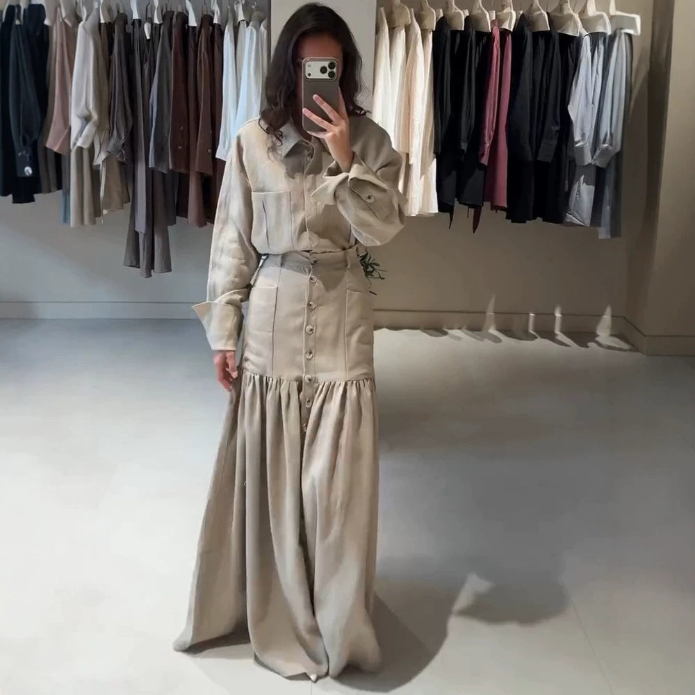 Damen Zweiteiliges Oversize-Hemd und Maxirock-Set mit hoher Taille & durchgehender Knopfleiste Shop Nory