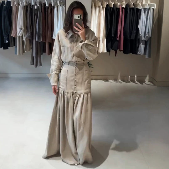 Damen Zweiteiliges Oversize-Hemd und Maxirock-Set mit hoher Taille & durchgehender Knopfleiste Shop Nory