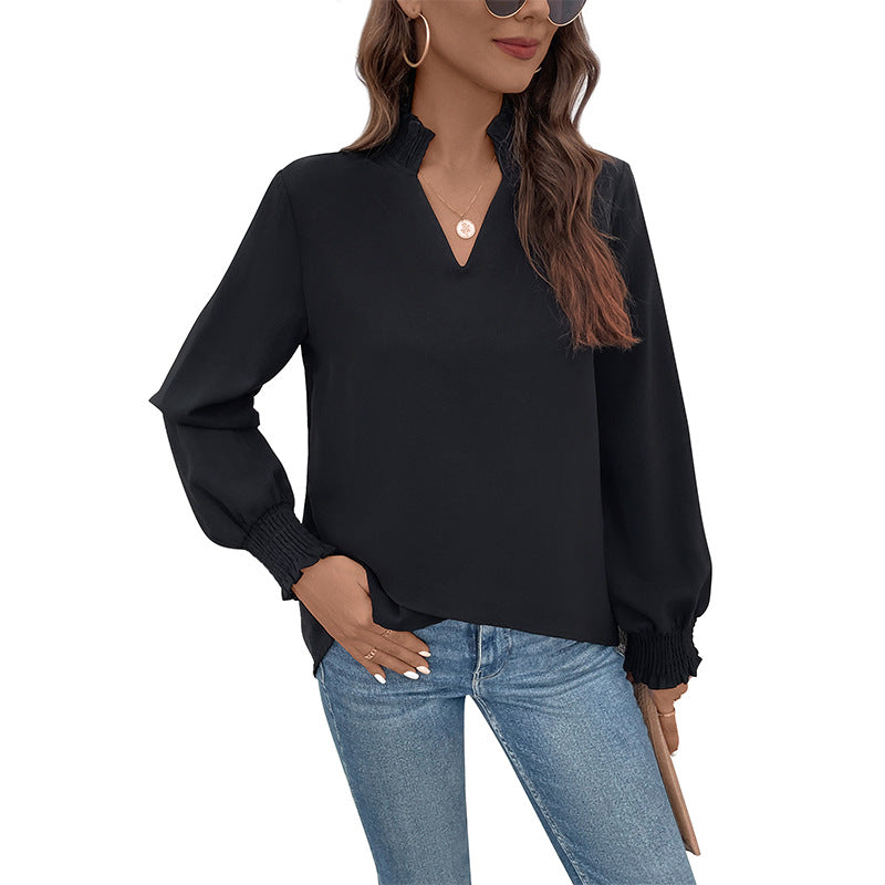 Damen Lockeres V-Ausschnitt-Blusenshirt mit Smokmanschetten und geradem Saum Shop Nory