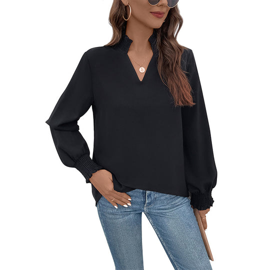 Damen Lockeres V-Ausschnitt-Blusenshirt mit Smokmanschetten und geradem Saum Shop Nory
