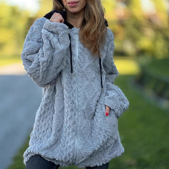 Damen nan oversized Teddy-Manteljacke mit Kontrastkapuze, Reißverschluss und Eingrifftaschen Shop Nory