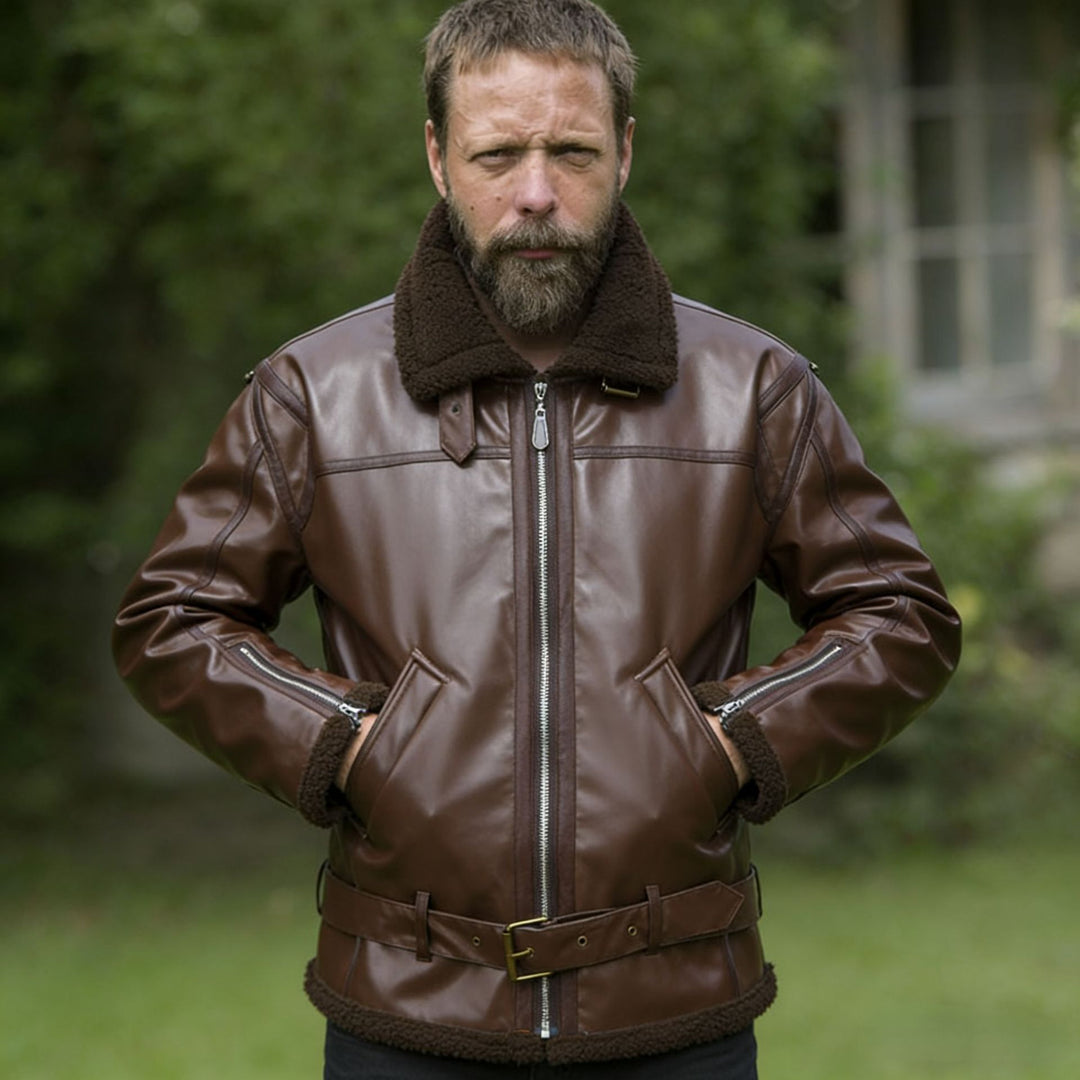 Herren Kunstleder-Fliegerjacke mit Teddyfutter, Reißverschlusstaschen und Taillengürtel Shop Nory