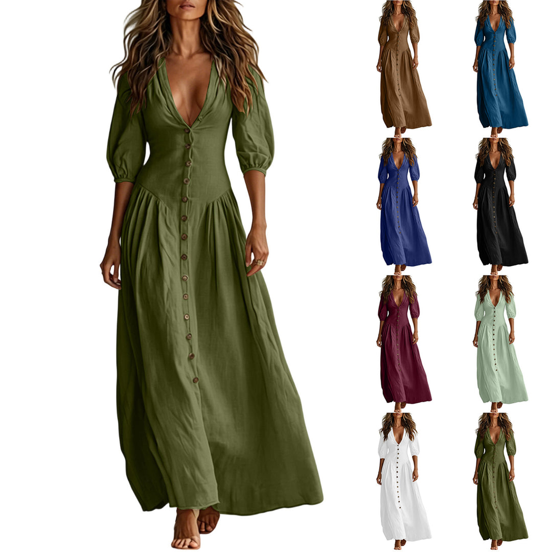 Damen Maxikleid mit tiefem V-Ausschnitt, durchgehender Knopfleiste und Ballonärmeln Shop Nory