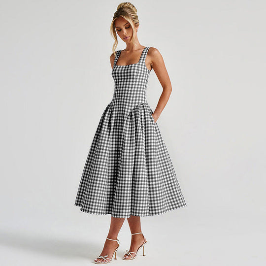 Damen Sommerliches Maxikleid mit Karo-Design und seitlichen Raffungselementen