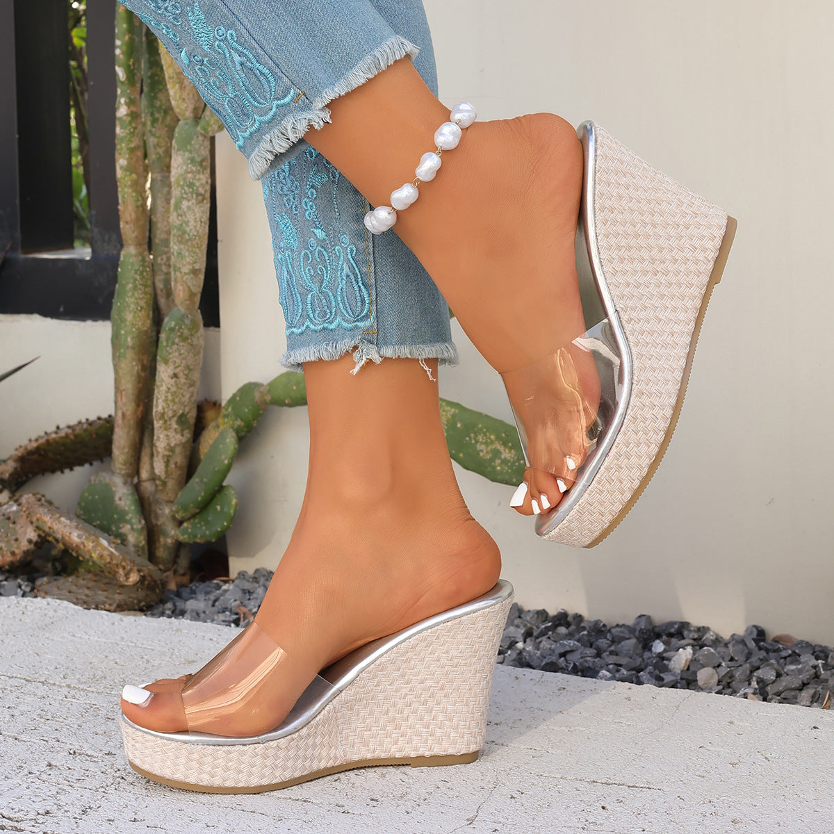 Damen Wedge-Sandalen mit transparentem Riemen und luxuriösem Kork-Design