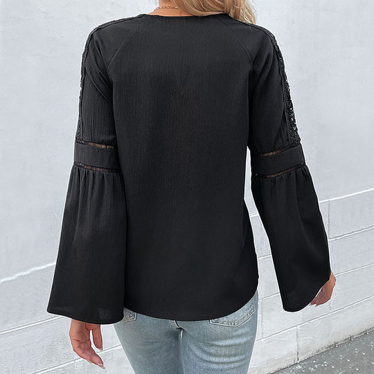 Damen Lässige V‑Ausschnitt-Bluse mit Kapuzenband & Spitzeneinsatz an den Schultern Shop Nory