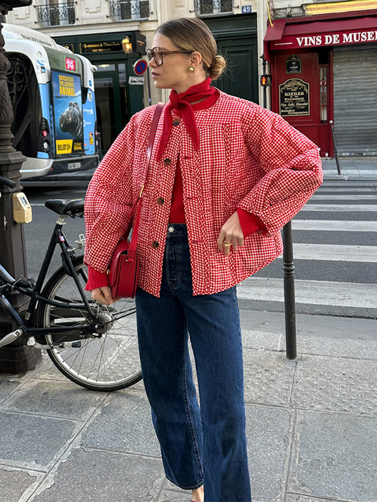 Damen Gepolsterte karierte Boxy-Steppjacke mit Knopfverschluss Shop Nory