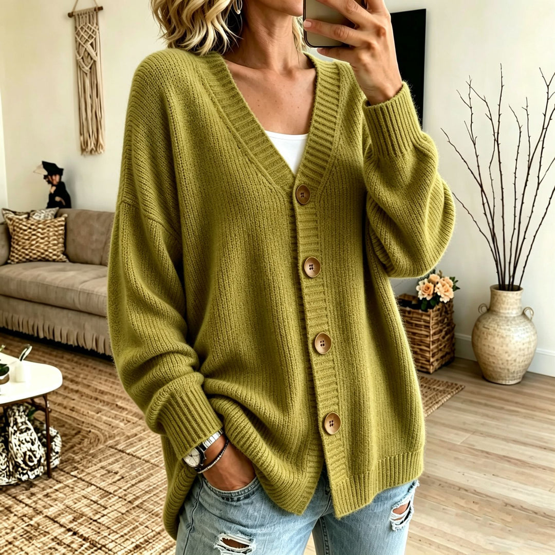 Damen Lockerer Longline-Cardigan mit tiefem V-Ausschnitt und Holzknöpfen Shop Nory