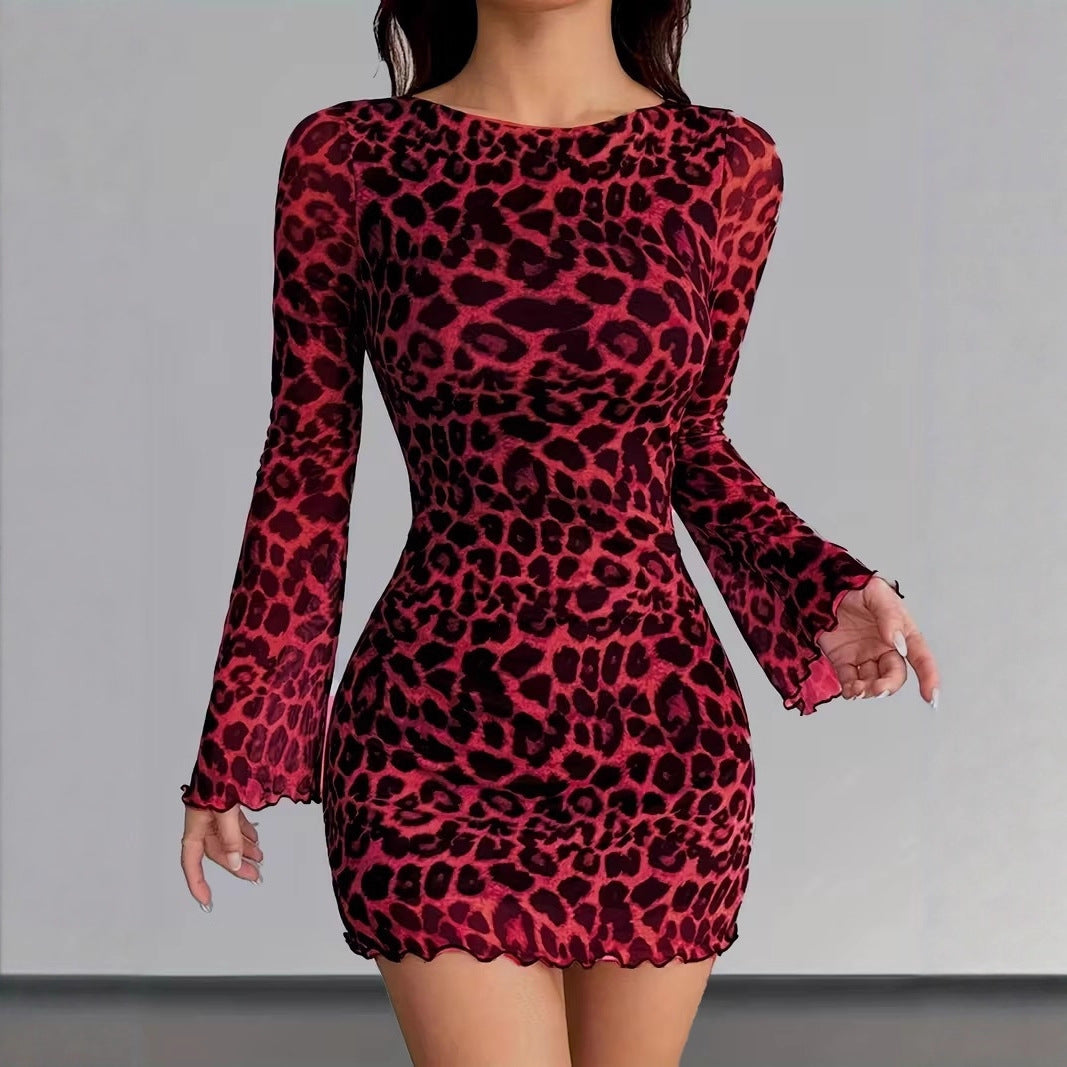 Damen Figurbetontes Mesh-Minikleid mit Leo-Print und Langarm Shop Nory