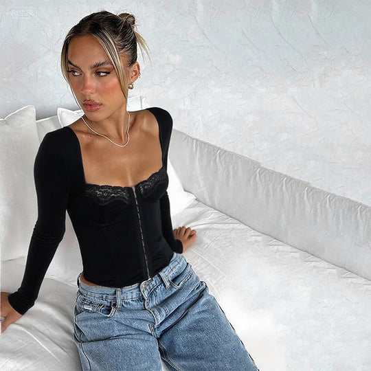 Damen Figurbetontes Langarm-Corsagen-Top mit Spitzenbustier und Haken‑Ösen-Verschluss Shop Nory