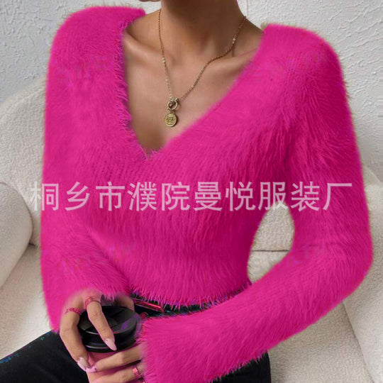Damen Flauschiger Crop-Pullover mit V-Ausschnitt und Eyelash-Struktur Shop Nory