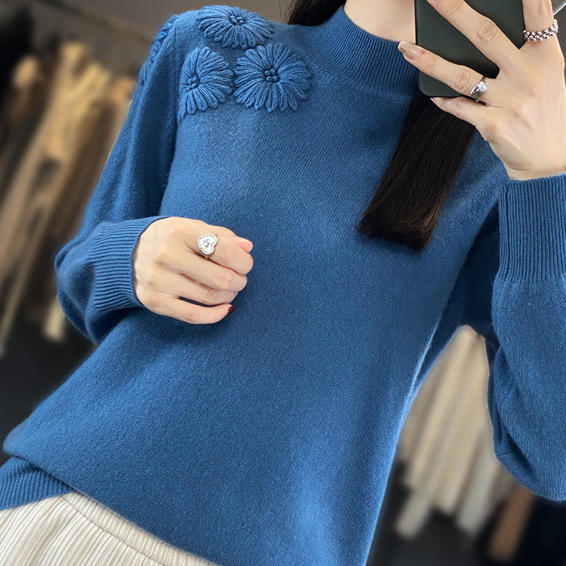 Damen Weicher Feinstrickpullover mit kurzem Stehkragen, 3D‑Blütenapplikation und gerippten Bündchen Shop Nory