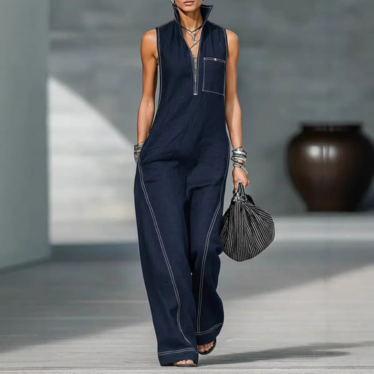 Damen Utility-Jumpsuit mit hochgeschlossenem Kragen und tiefem Reißverschluss Shopnory