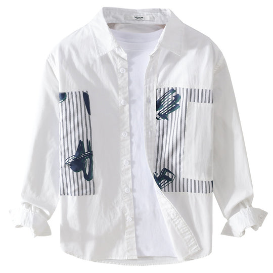 Herren Casual-Overshirt aus Baumwollpopeline mit gestreiften Patch-Einsätzen und Pinselprint Shop Nory