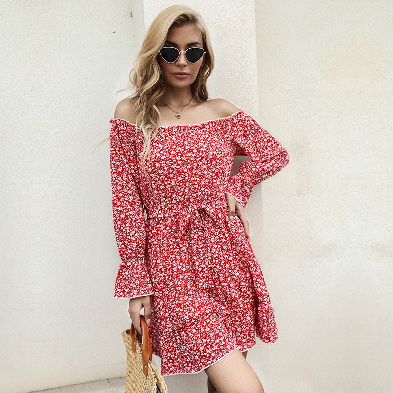 Damen Schulterfreies Blumen-Minikleid mit Taillenschnur und Stufenrock Shop Nory