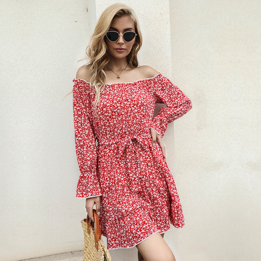 Damen Schulterfreies Blumen-Minikleid mit Taillenschnur und Stufenrock Shop Nory