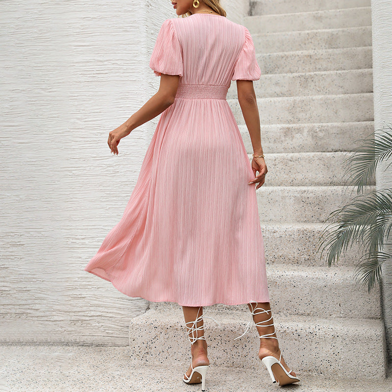Damen Figurumschmeichelndes Midikleid mit Rippstruktur, Puffärmeln und V‑Ausschnitt Shop Nory