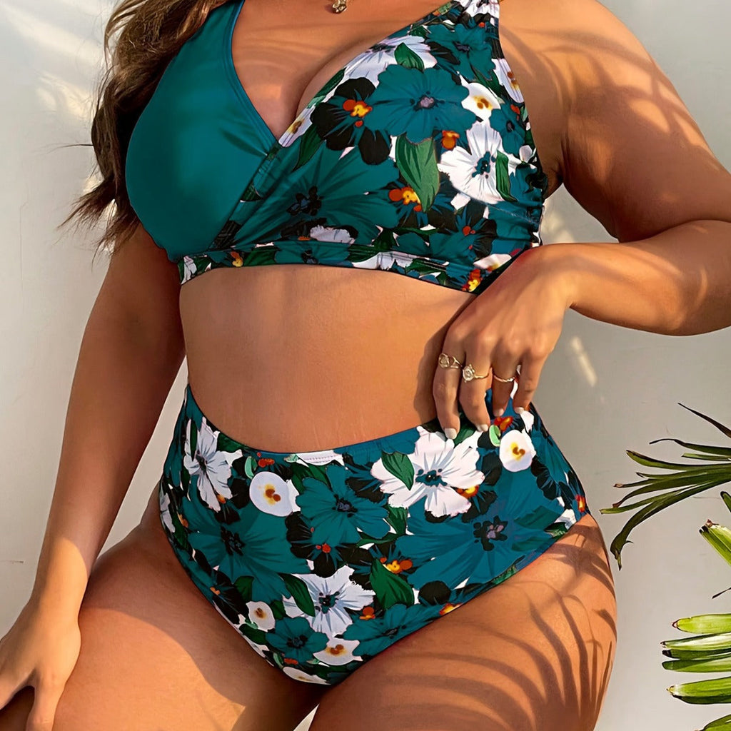 Damen nan Bikini-Set große Größen mit geformtem BH, V-Ausschnitt und hochgeschnittenem Taillenslip