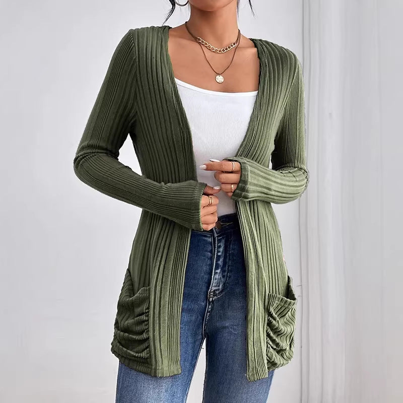 Damen Gerippter Langcardigan mit offener Front, Eingrifftaschen und legerer Passform Shop Nory
