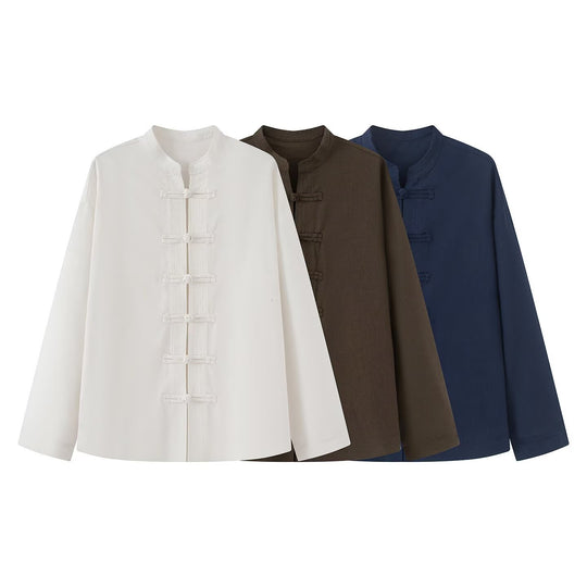 Damen Locker geschnittene Bluse im Mandarin‑Look mit Knotenknöpfen Shop Nory