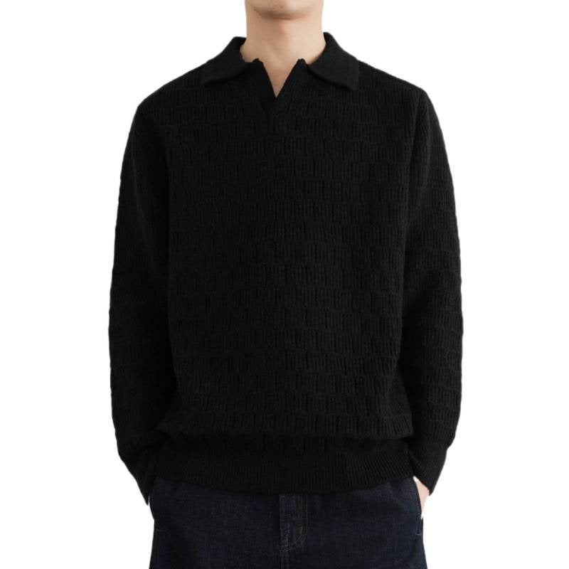 Herren Feinstrick-Polo-Pullover mit Strukturstrick und offenem V-Ausschnitt Shop Nory
