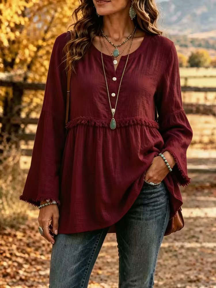 Damen Fransen-Tunika-Bluse mit V-Ausschnitt und Glockenärmeln Shop Nory