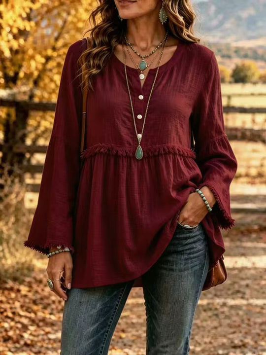 Damen Fransen-Tunika-Bluse mit V-Ausschnitt und Glockenärmeln Shop Nory