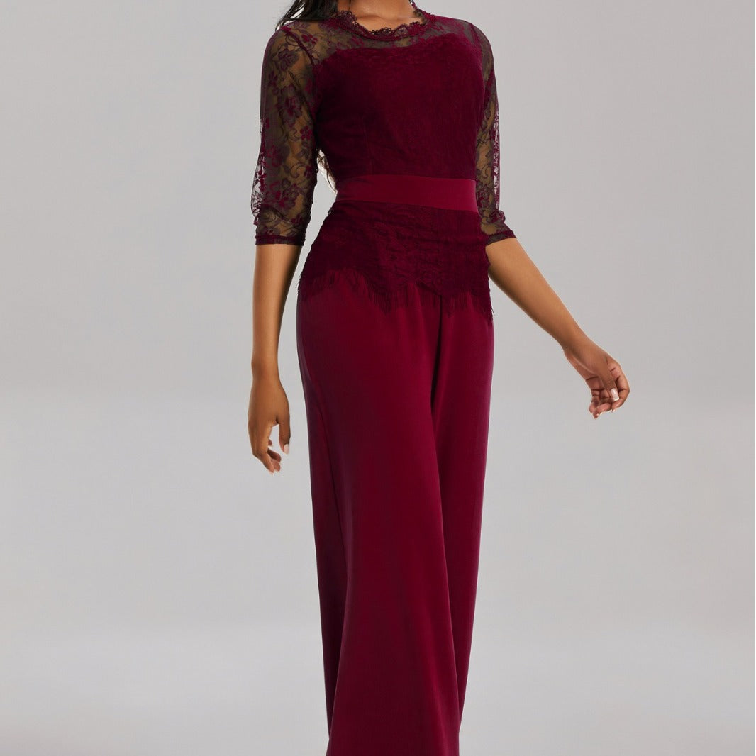 Eleganter Damen Jumpsuit mit Spitzenärmeln und Weitem Bein | Shopnory