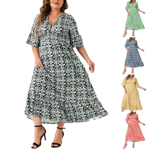 Damen Midikleid in A‑Linie mit grafischem Allover‑Print, geraffter Taillenpartie und Volantstufen Shop Nory