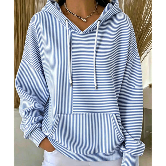 Damen Oversize Kapuzenpullover mit feinem Streifenprint, Kängurutasche und V-Ausschnitt-Kapuze Shop Nory