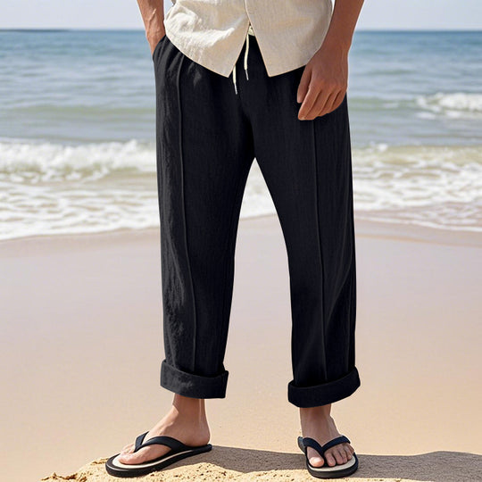 Herren Leichte Bundfalten‑Freizeithose aus Leinenmix mit elastischem Kordelbund und aufgerolltem Saum Shop Nory