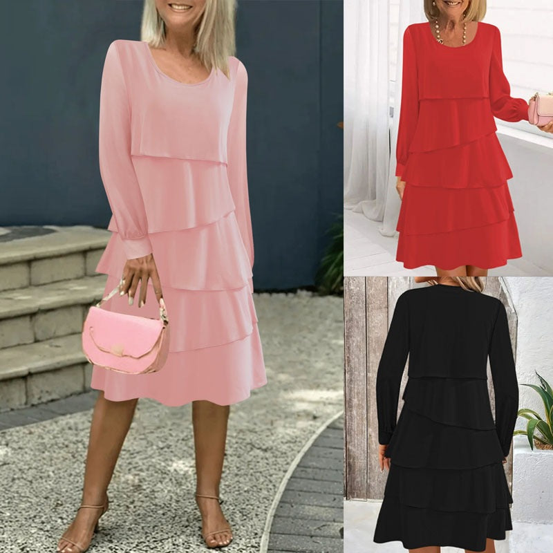 Damen Stufenkleid mit Lagenrock, Rundhalsausschnitt und Ballonärmeln Shop Nory