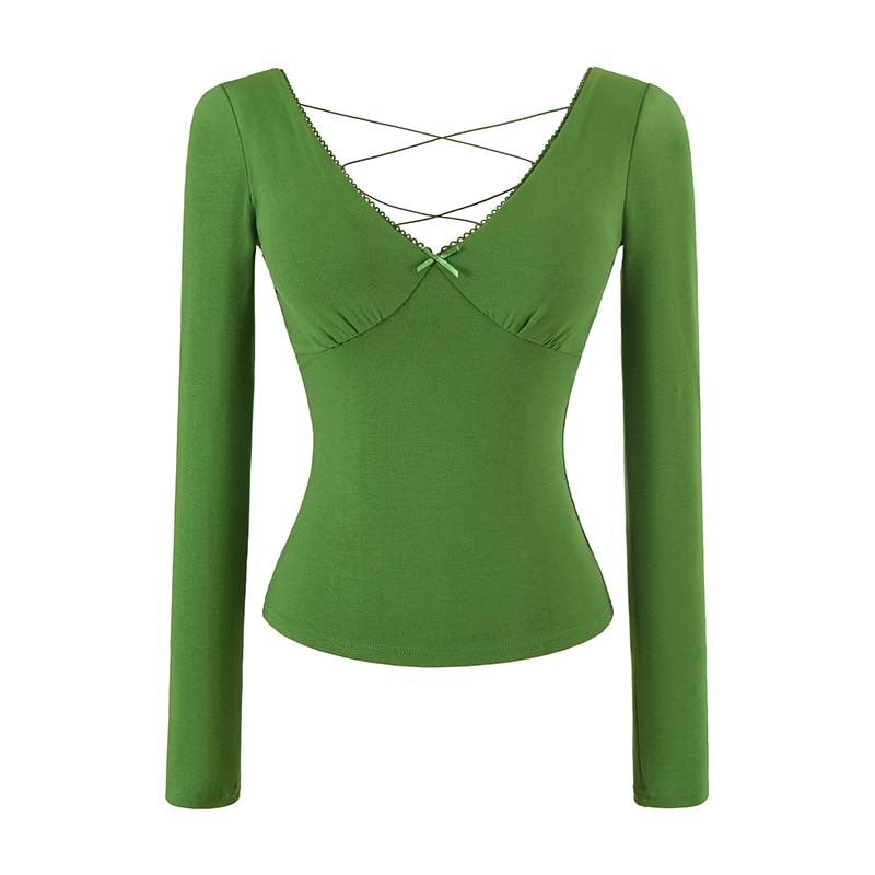 Damen Figurbetontes Langarm-Top mit tiefem V‑Ausschnitt, gekreuzten Spaghettiträgern und Spitzenkante Shop Nory