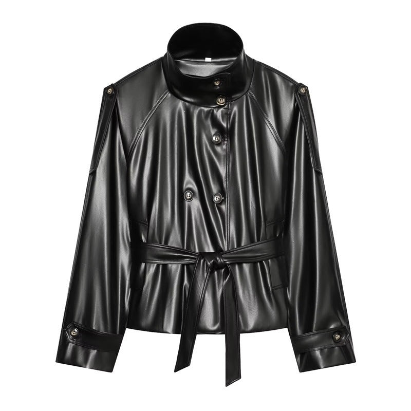 Damen taillierte Kunstlederjacke mit Stehkragen, Bindegürtel und doppelreihiger Knopfleiste Shop Nory