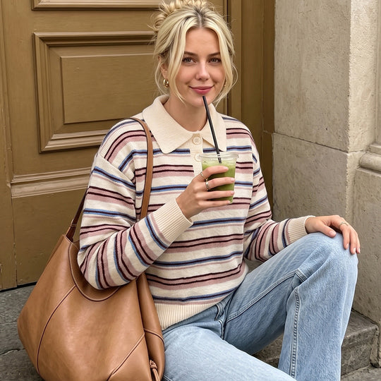 Damen Gestreifter Pullover mit Kragen Shop Nory